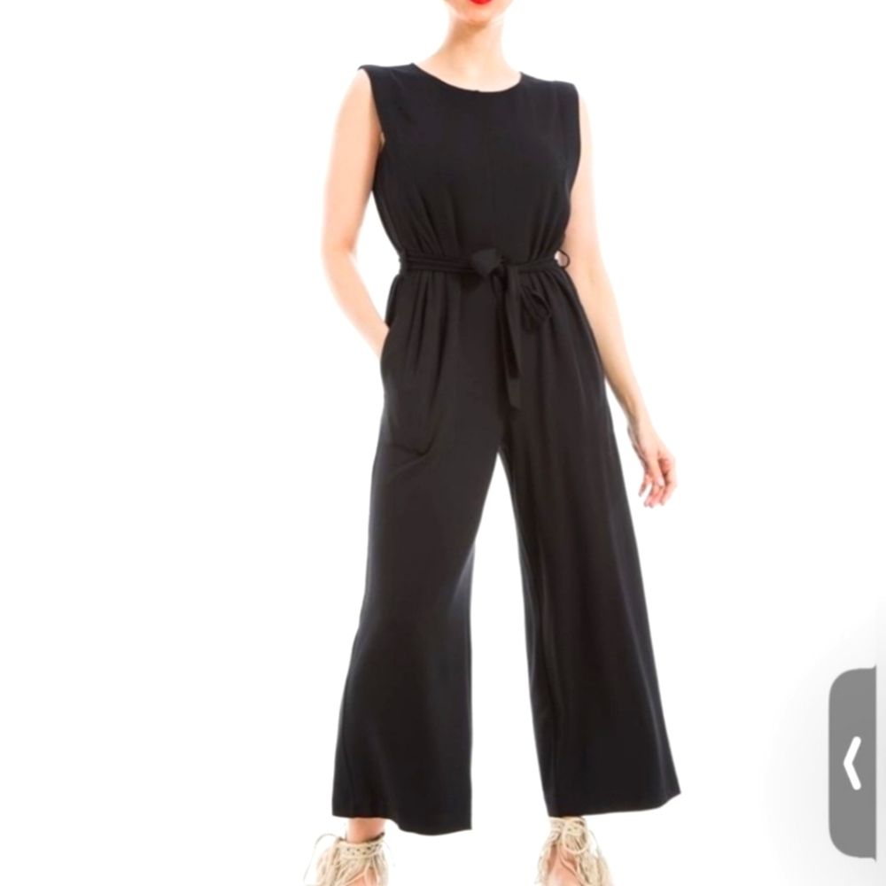 NWT Max Studio Pinstripe Black Wide-Leg Jumpsuit with Waist Tie Size L